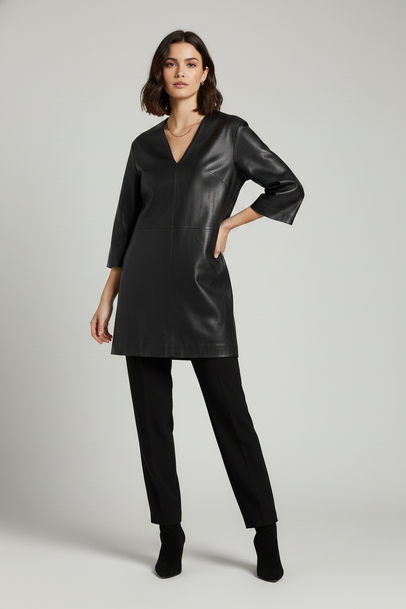 AUDREY - Loose Long Leather - black lambskin V-neck, quiet luxury