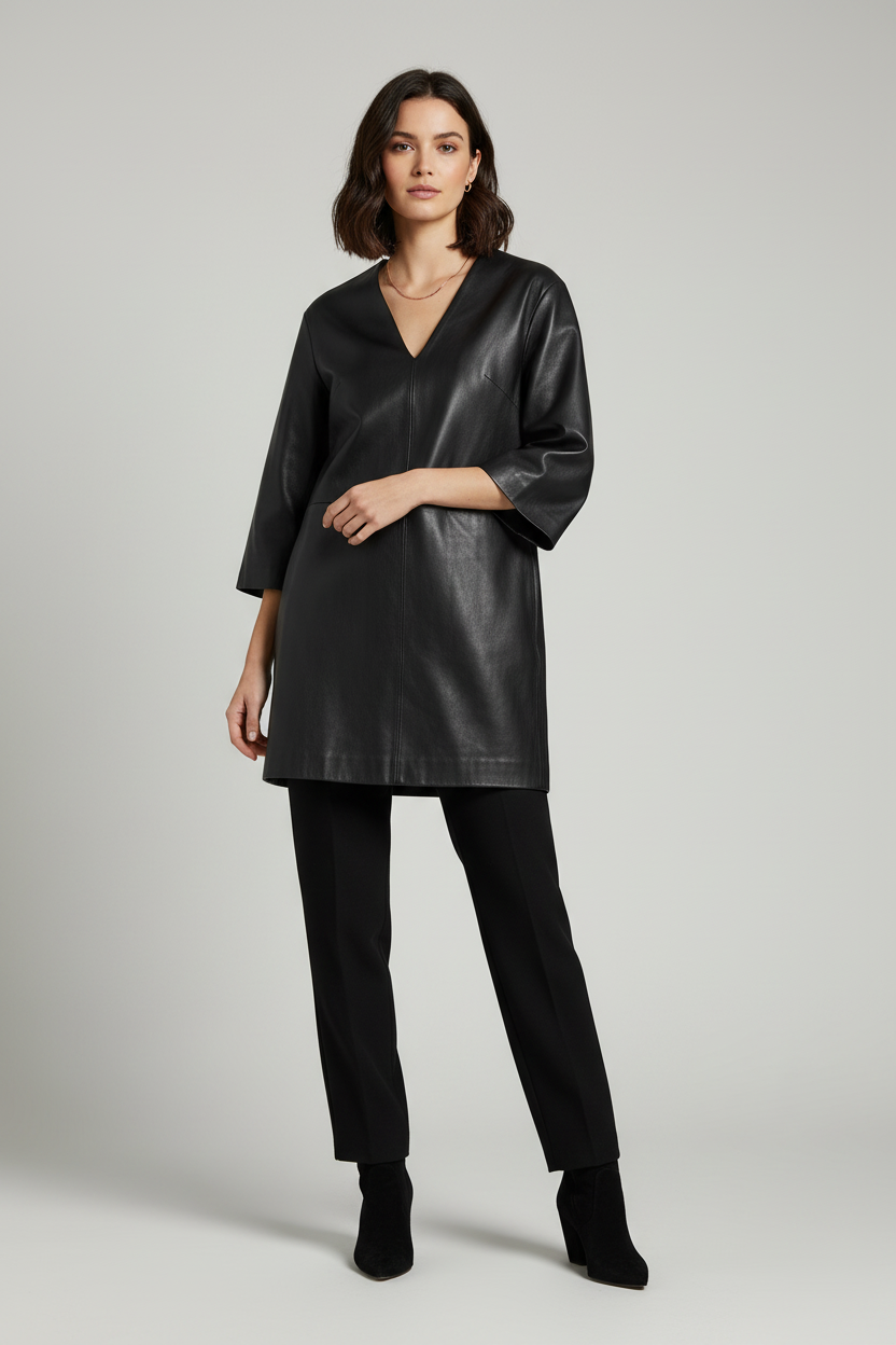 AUDREY - Loose Long Leather - black lambskin V-neck three-quarter sleeves