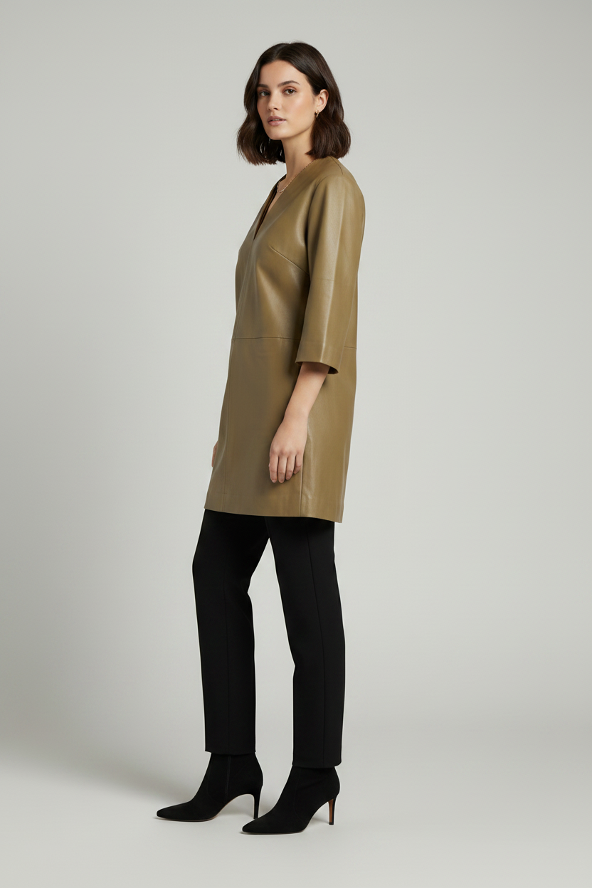 AUDREY - Loose Long Leather - elegant leather coat, side profile view