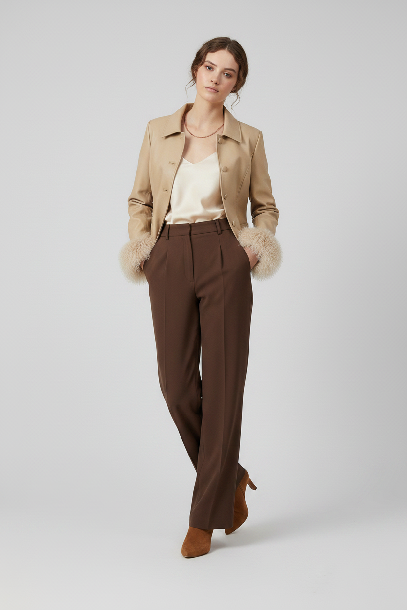 AURELIA - Genuine Leather - beige leather, fur cuffs, tailored cropped