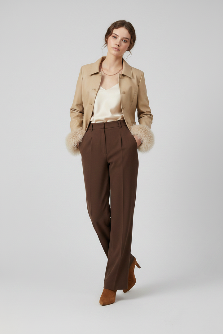 AURELIA - Genuine Leather - beige leather, fur cuffs, tailored cropped