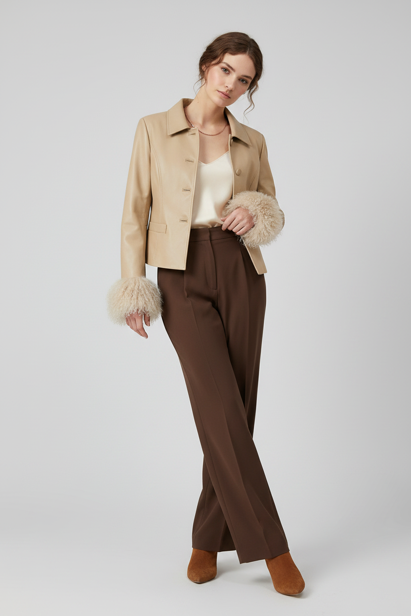 AURELIA - Genuine Leather - cropped beige, fur cuffs