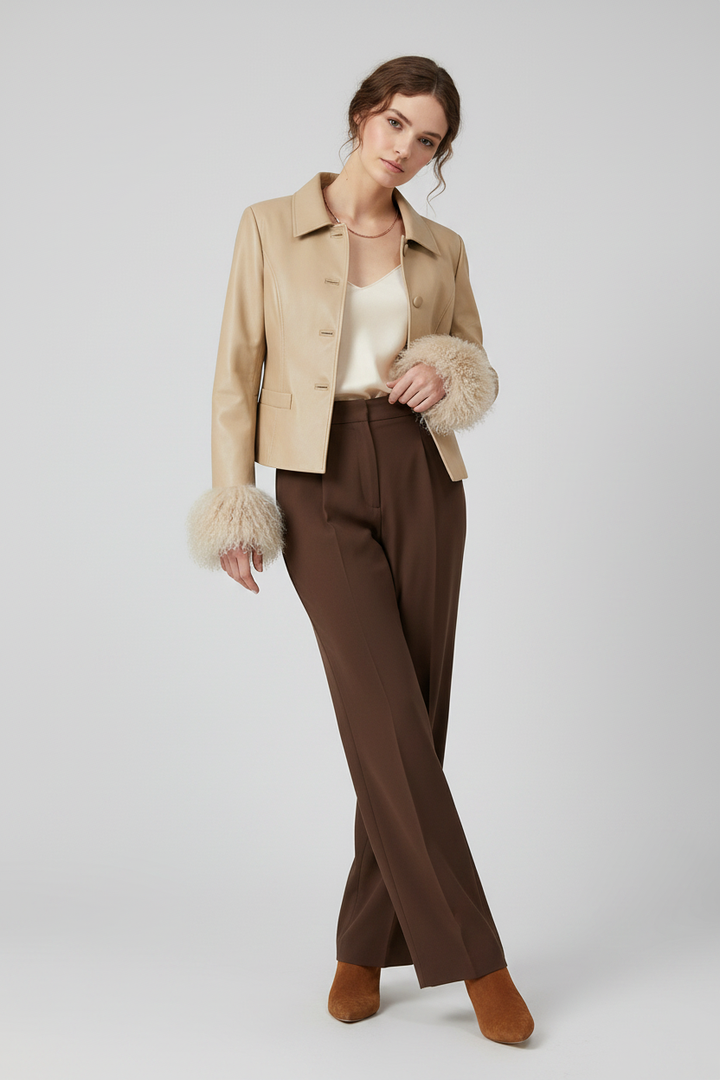 AURELIA - Genuine Leather - cropped beige, fur cuffs