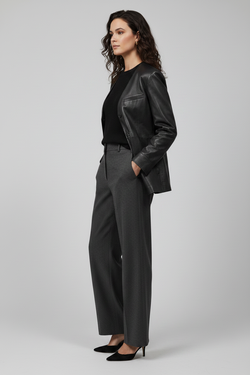 AVERY - V-Neck Sheepskin - black, buttery soft, tailored blazer, side profile shot
