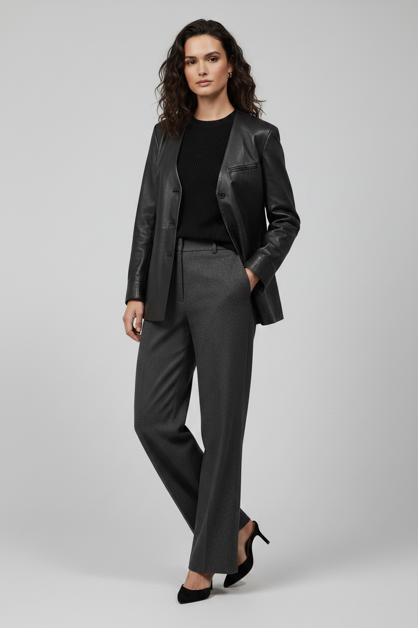 AVERY - V-Neck Sheepskin - Black leather, tailored, luxury walking shot
