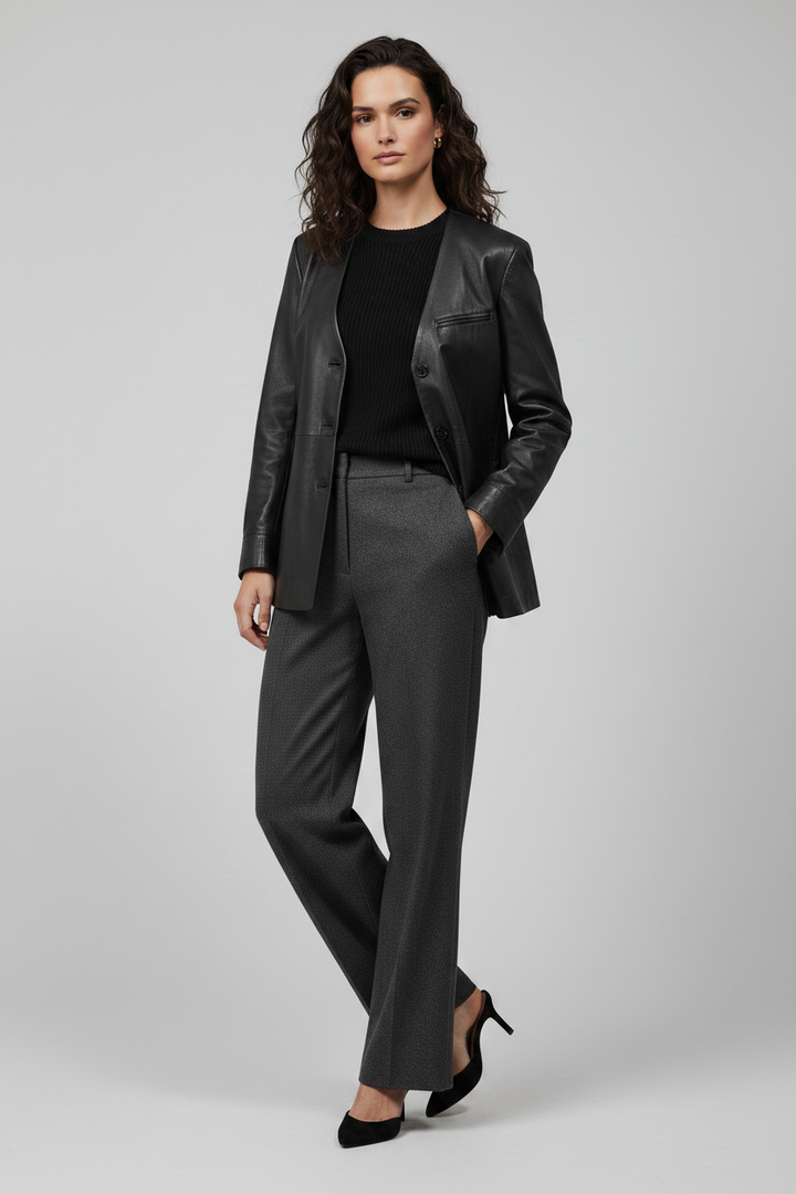 AVERY - V-Neck Sheepskin - Black leather, tailored, luxury walking shot