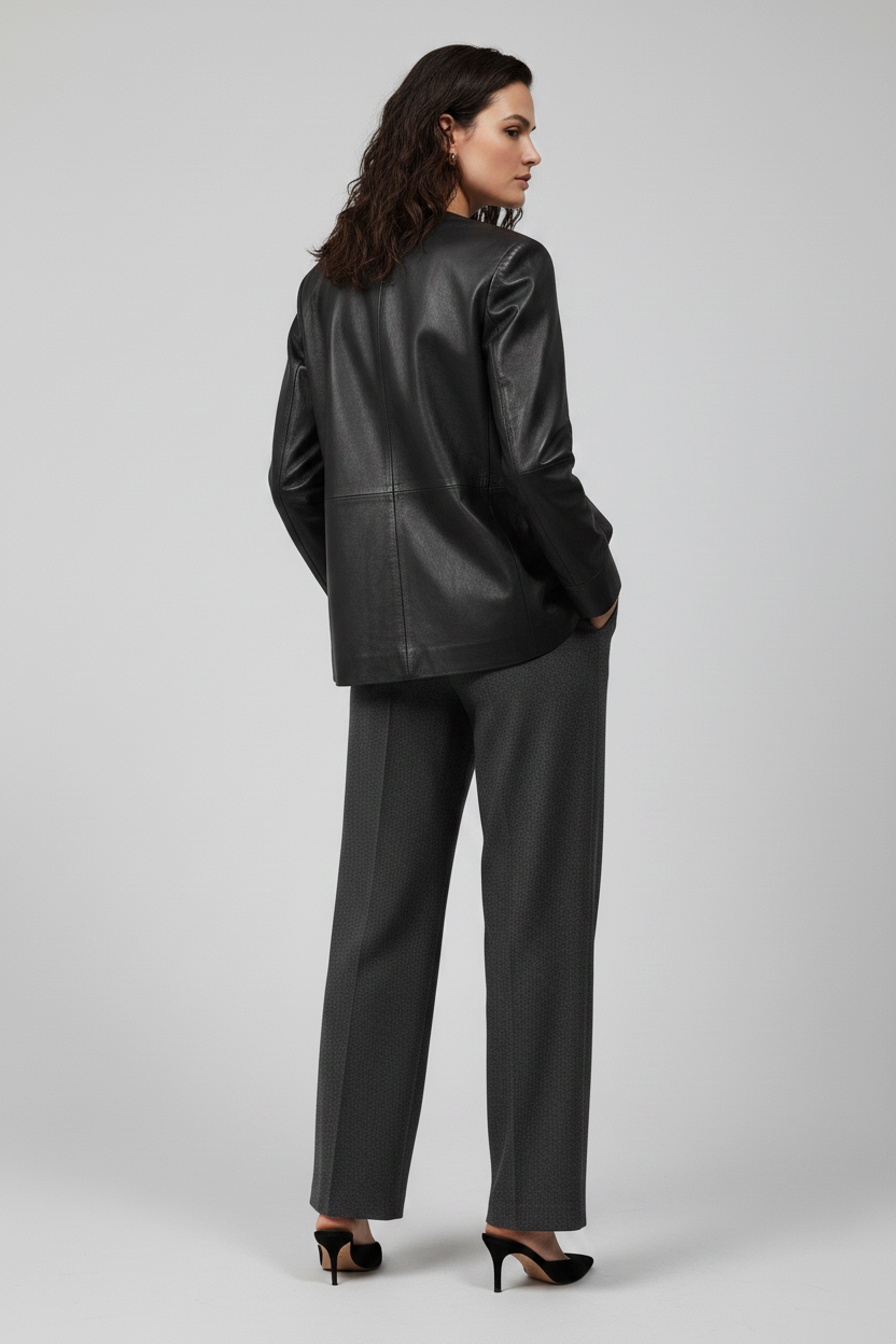 AVERY - V-Neck Sheepskin - black leather V-neck tailored luxury back view