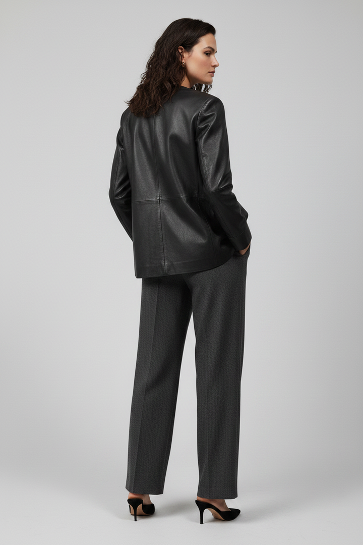 AVERY - V-Neck Sheepskin - black leather V-neck tailored luxury back view