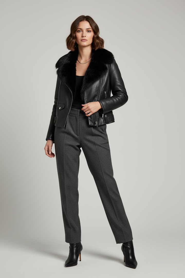 BENTLEY – Black Shearling Leather Jacket - faux fur collar, front hero pose
