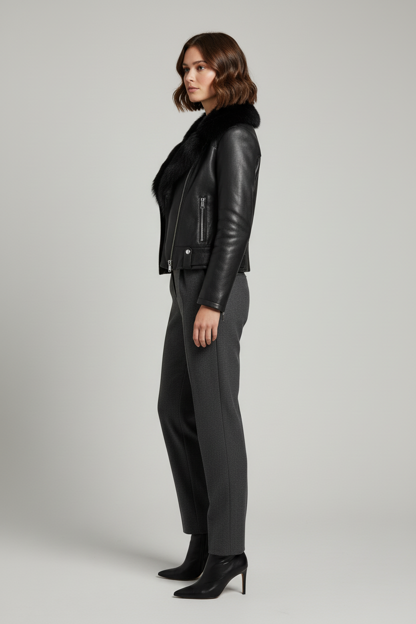 BENTLEY – Shearling Leather jacket - black faux fur collar, sied profile view