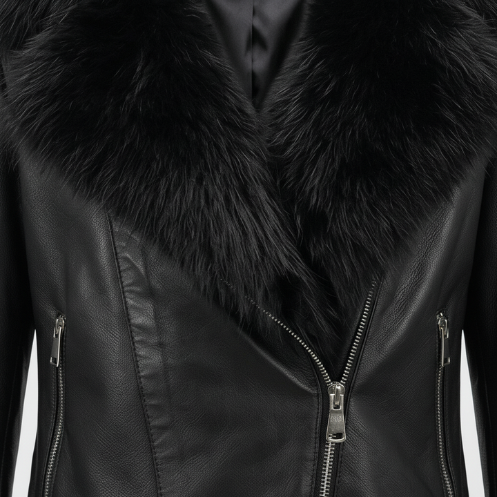 BENTLEY – Shearling Leath - black leather, faux fur collar, biker jacket, silver hardware