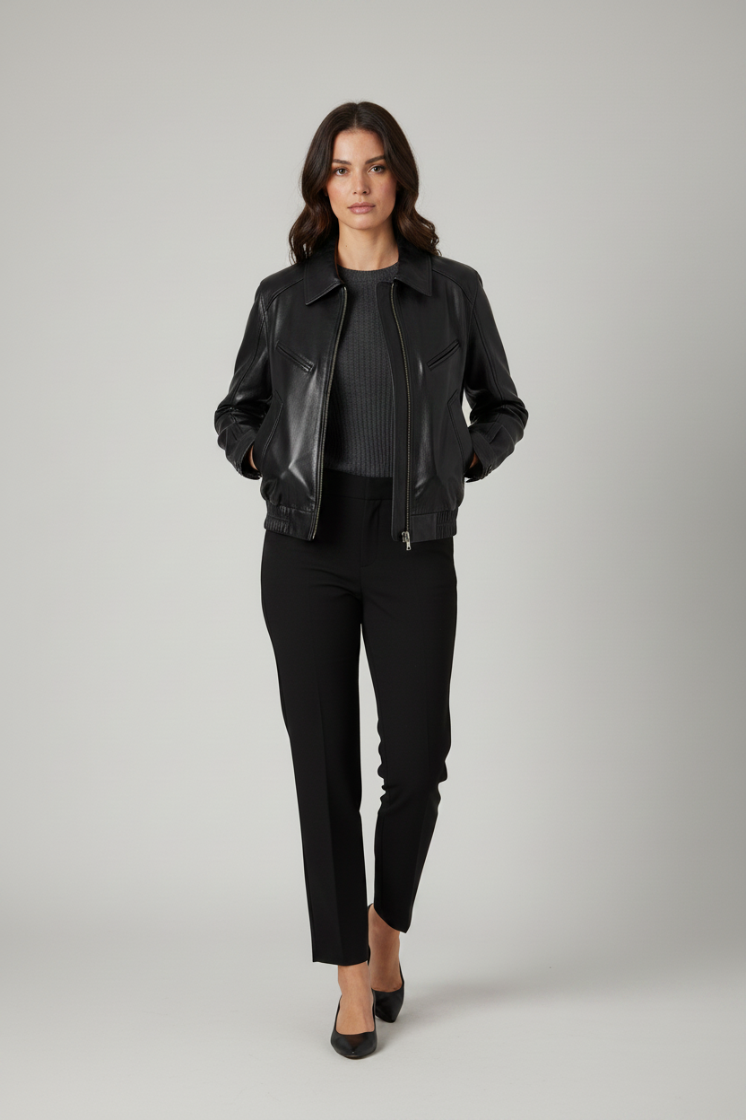 BERNADETTE - Zip Detail Wax Sheepskin - black jacket on model, walking shot