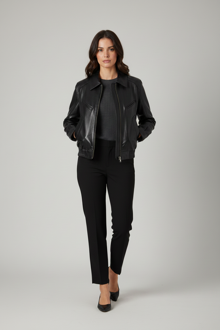 BERNADETTE - Zip Detail Wax Sheepskin - black jacket on model, walking shot