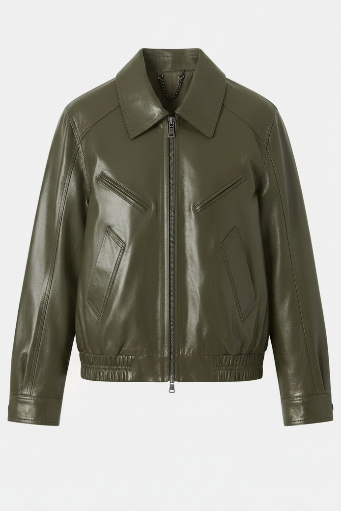 BERNADETTE - Luxury Zip Detail Wax Sheepskin - premium, zip-up, olive green jacket