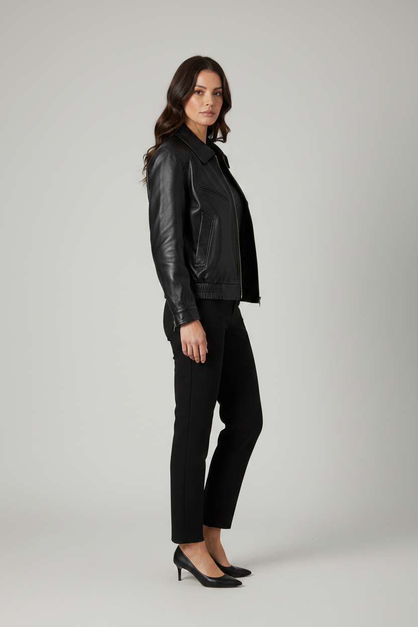 BERNADETTE - Zip Detail Wax Sheepskin - black jacket on model, Side profile