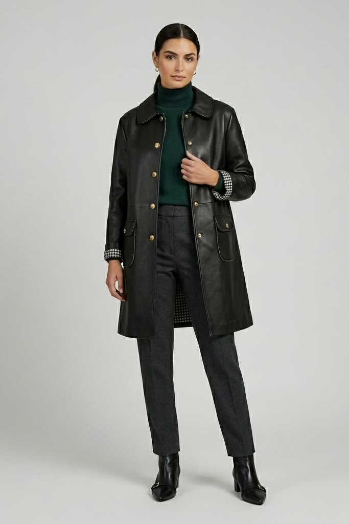 BLAIR - Mid-Length Leather Coat - plaid lining, quiet luxury, front view