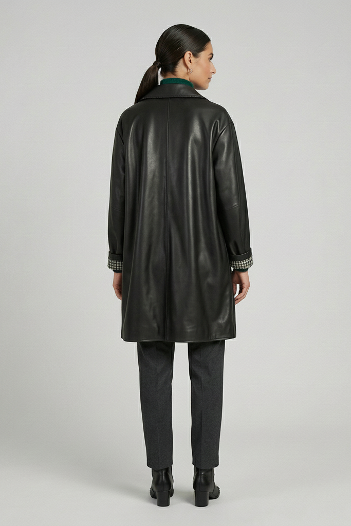 BLAIR - Mid-Length Leather Coat - plaid lining, quiet luxury, rear view