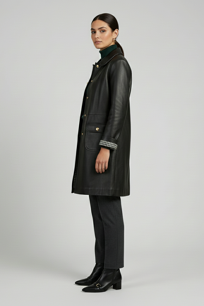 BLAIR - Mid-Length Leather Coat - plaid lining, quiet luxury, side view