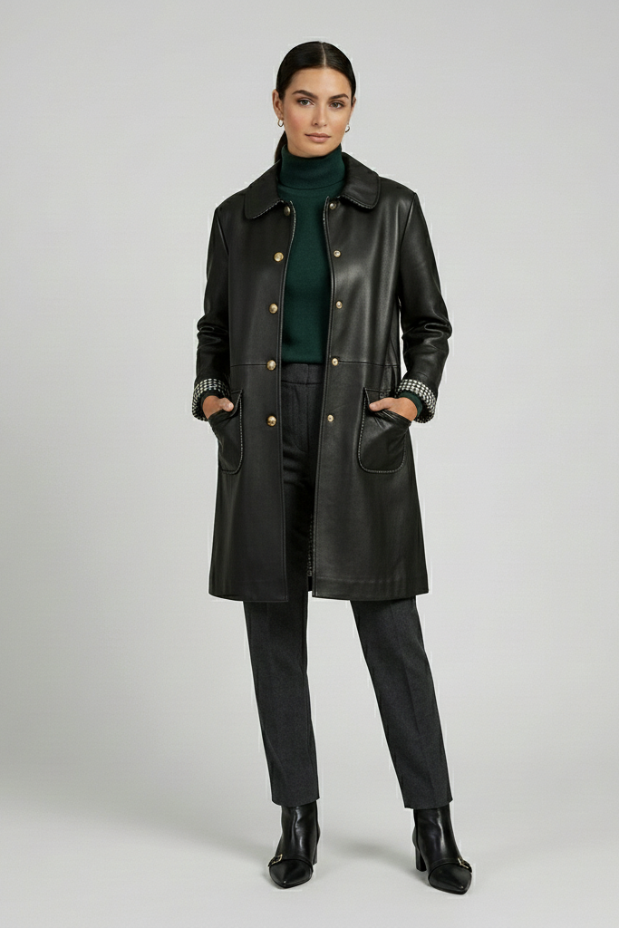 BLAIR - Mid-Length Leather Coat - plaid lining, quiet luxury, front view