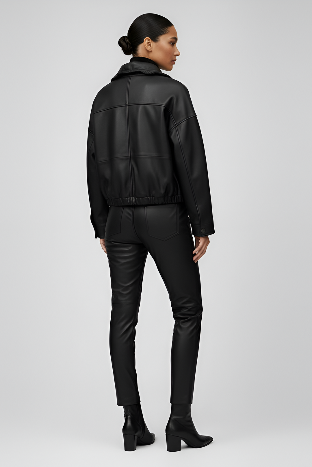 Back view of BLAIRE bubble leather jacket women black cropped leather jacket