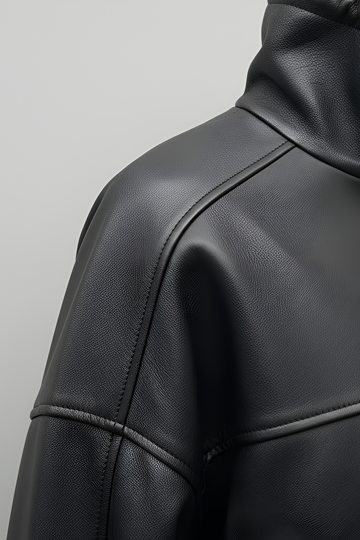 Detail of black bubble leather jacket shoulder and high collar women cropped leather jacket