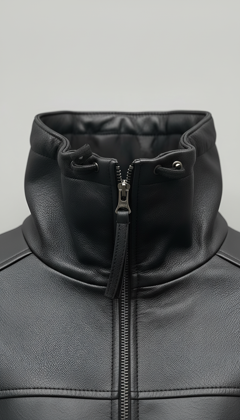 Black bubble leather jacket high collar zipper detail premium women leather jacket