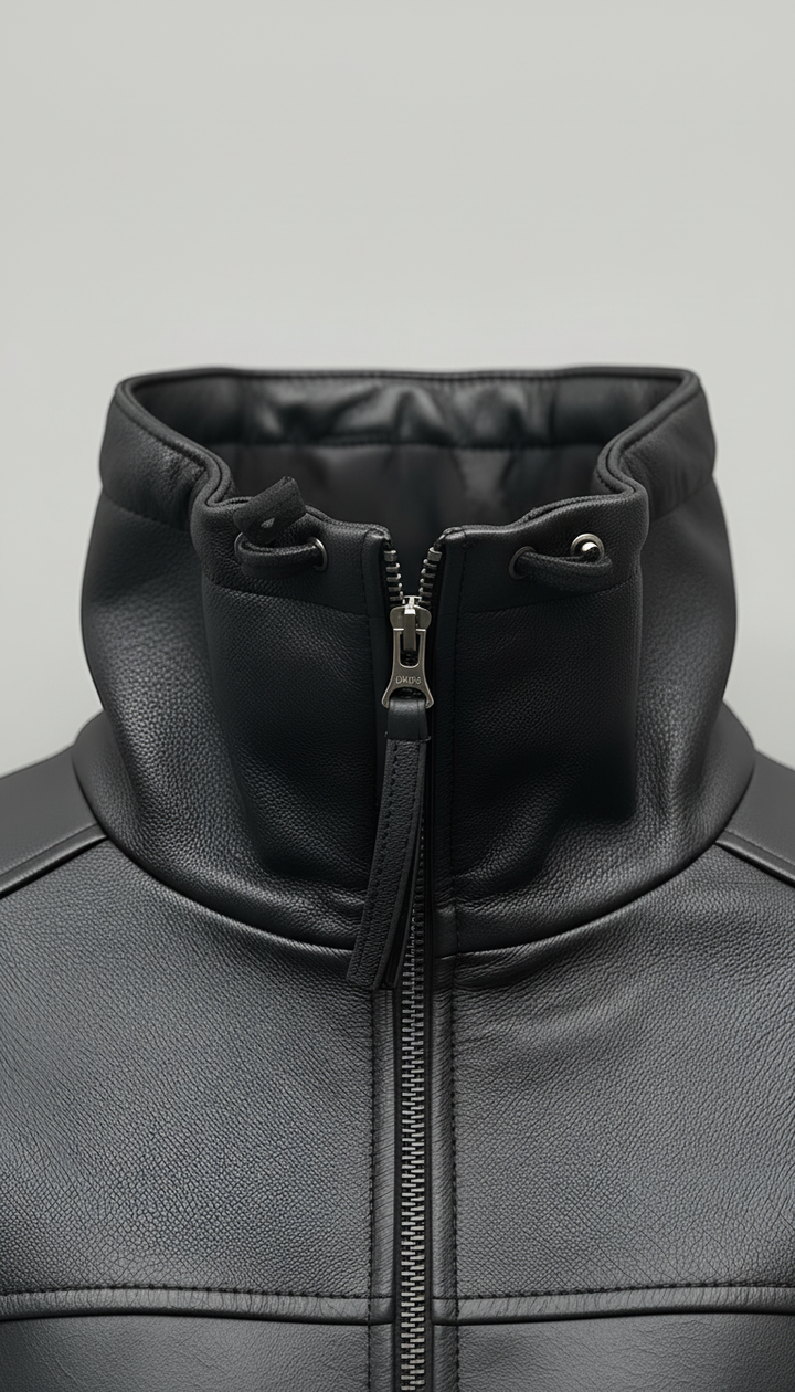 Black bubble leather jacket high collar zipper detail premium women leather jacket