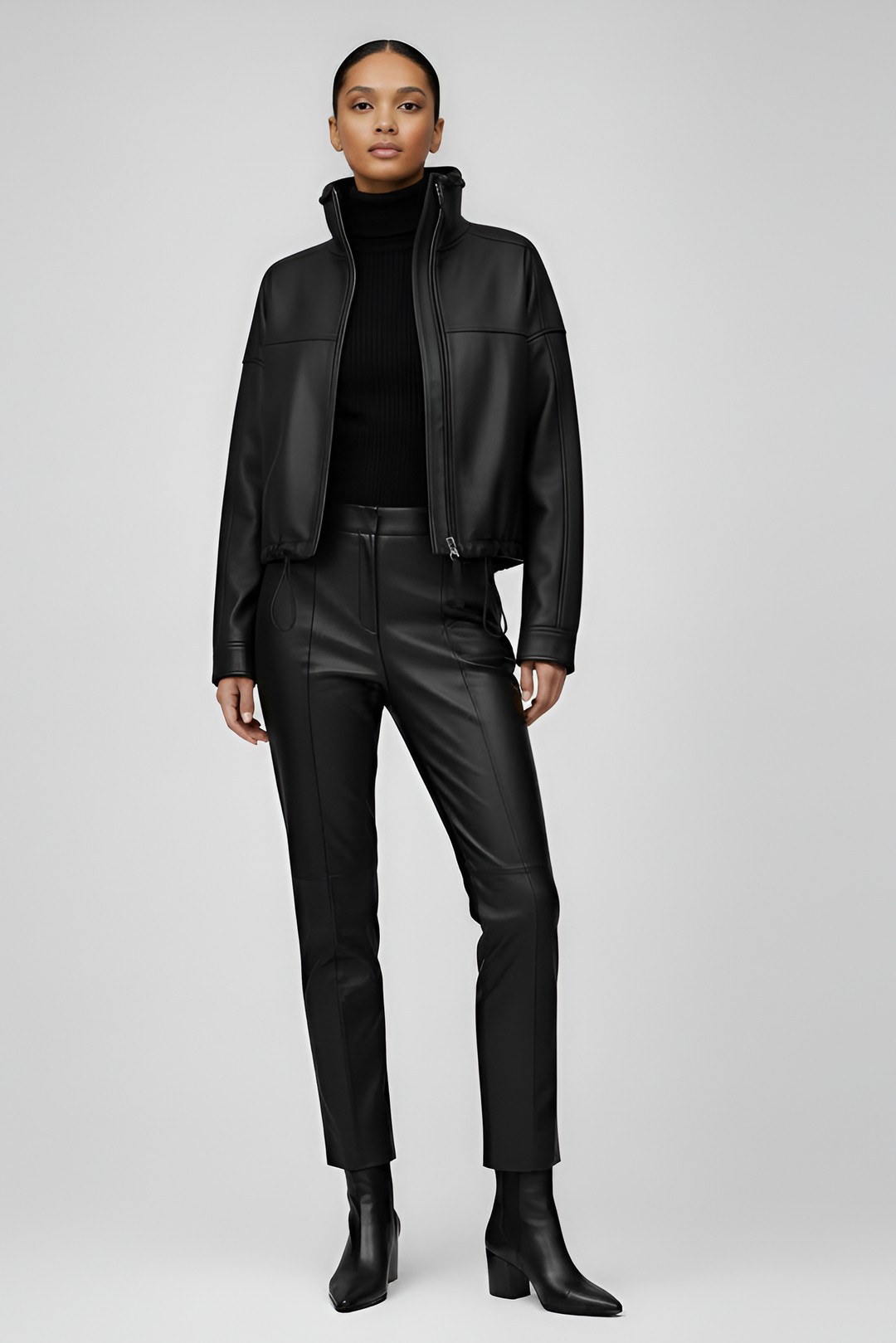Woman wearing BLAIRE bubble leather jacket black cropped leather jacket full body look