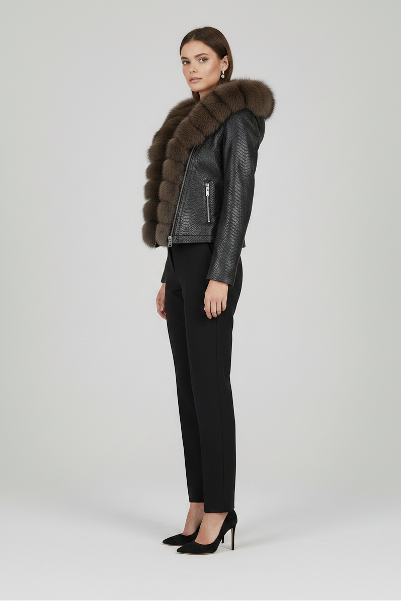 BLAKELY - Cropped Sheepsk - Black embossed leather, fox fur hood, zippered