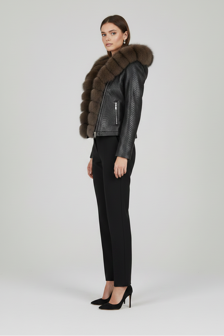 BLAKELY - Cropped Sheepsk - Black embossed leather, fox fur hood, zippered