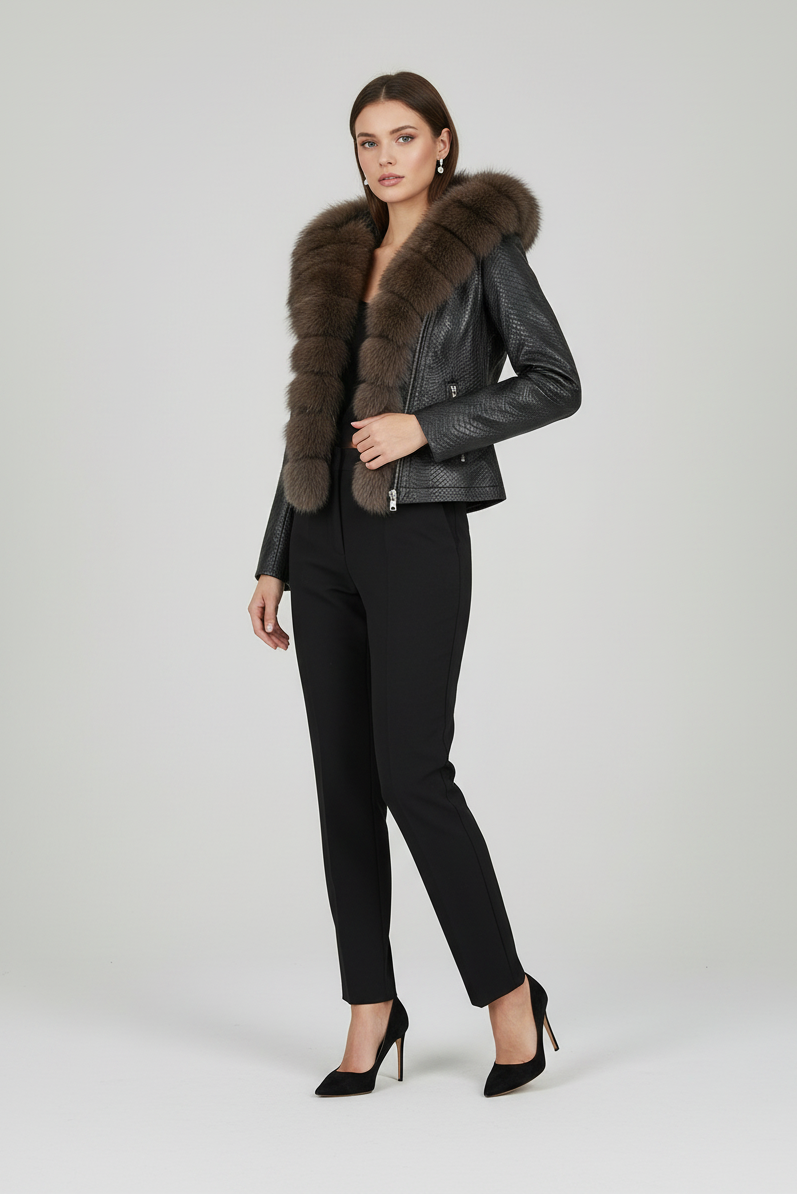 BLAKELY - Cropped Sheepsk - black embossed leather, fox fur hood, zippered