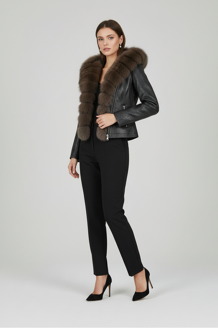 BLAKELY - Cropped Sheepsk - black embossed leather, fox fur hood, zippered