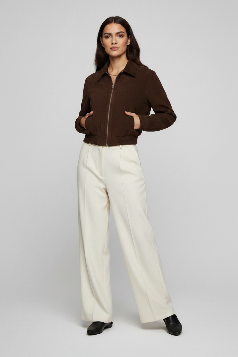 BRADLEY - Full shot of brown suede bomber jacket on a mannequin with hands in pockets