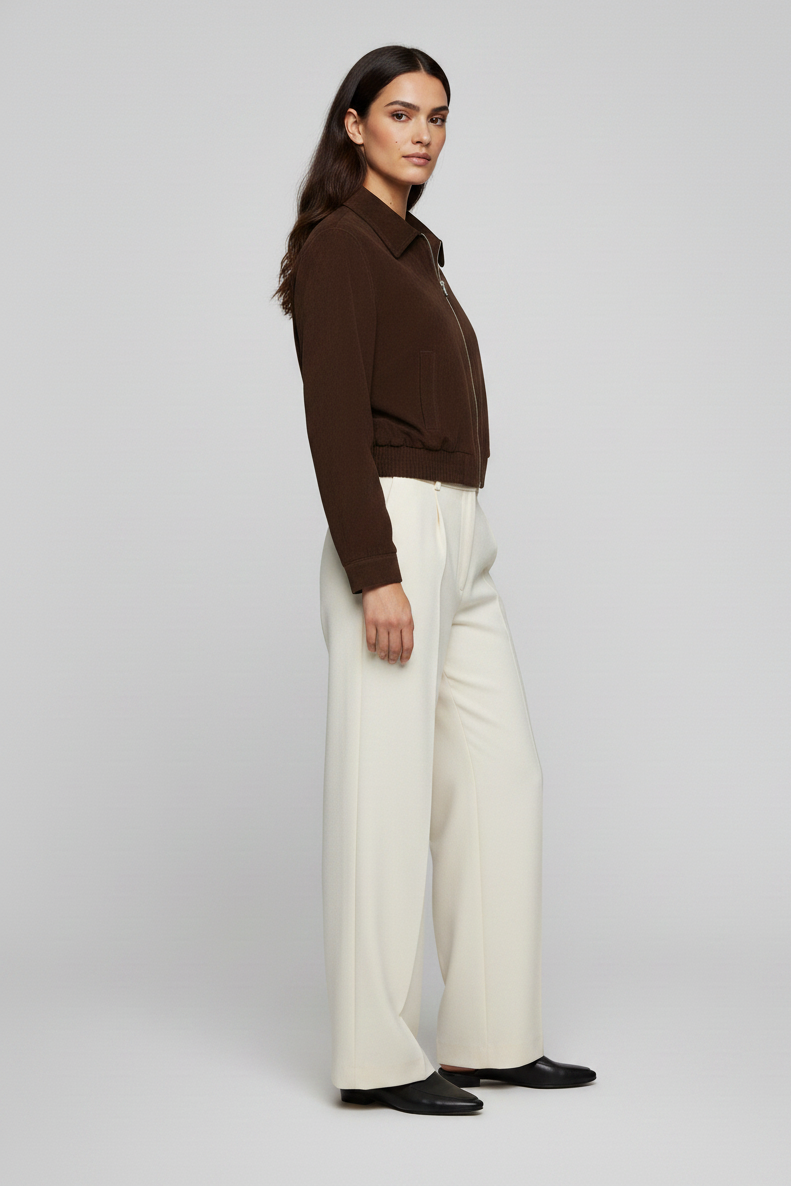 BRADLEY - Full side shot of brown suede bomber jacket on a mannequin