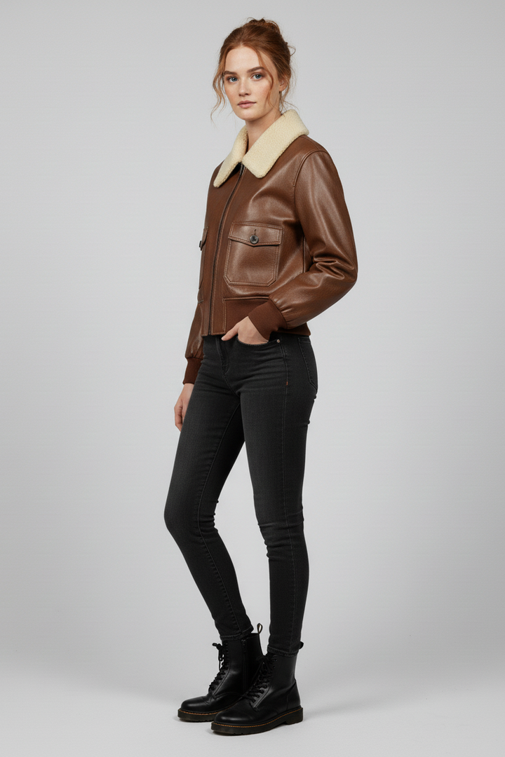 Brynne - Brown leather bomber jacket with sherpa collar side profile view