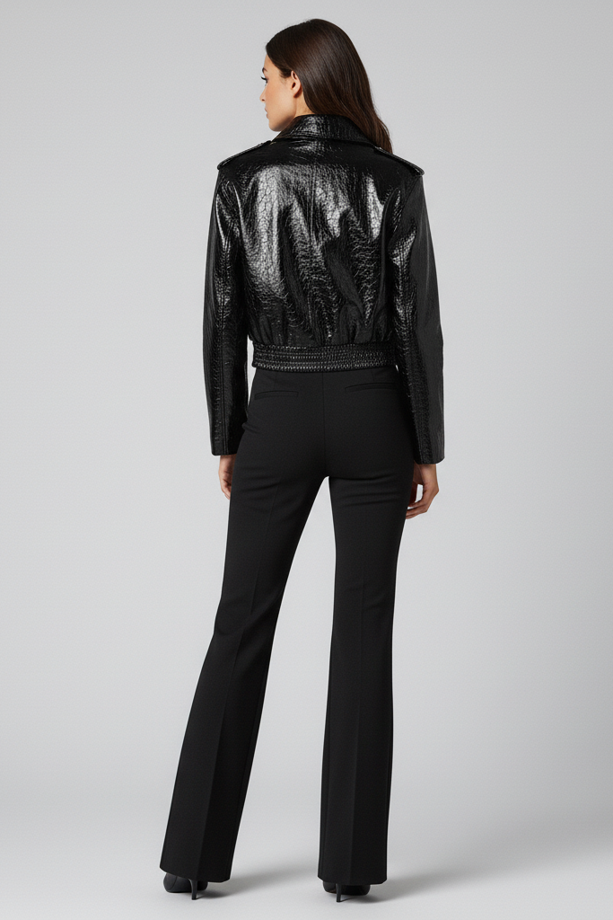 CAMDEN - Cropped Patent Leather Jacket, Black, Zippered Front, rear view
