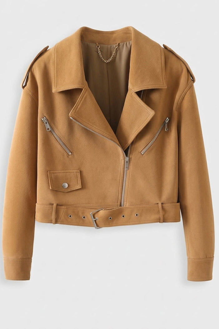 Brown leather jacket with zippers on a white background