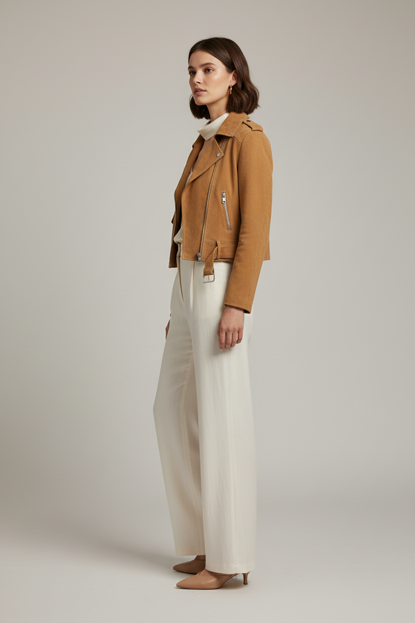 CAMERONE - Suede Leather - Tan, Cropped, Moto, Luxury, side view