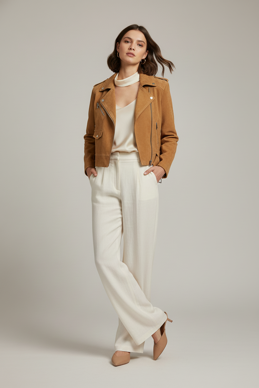 CAMERONE - Suede Leather - tan cropped moto plush, relaxed pose, crossed legs