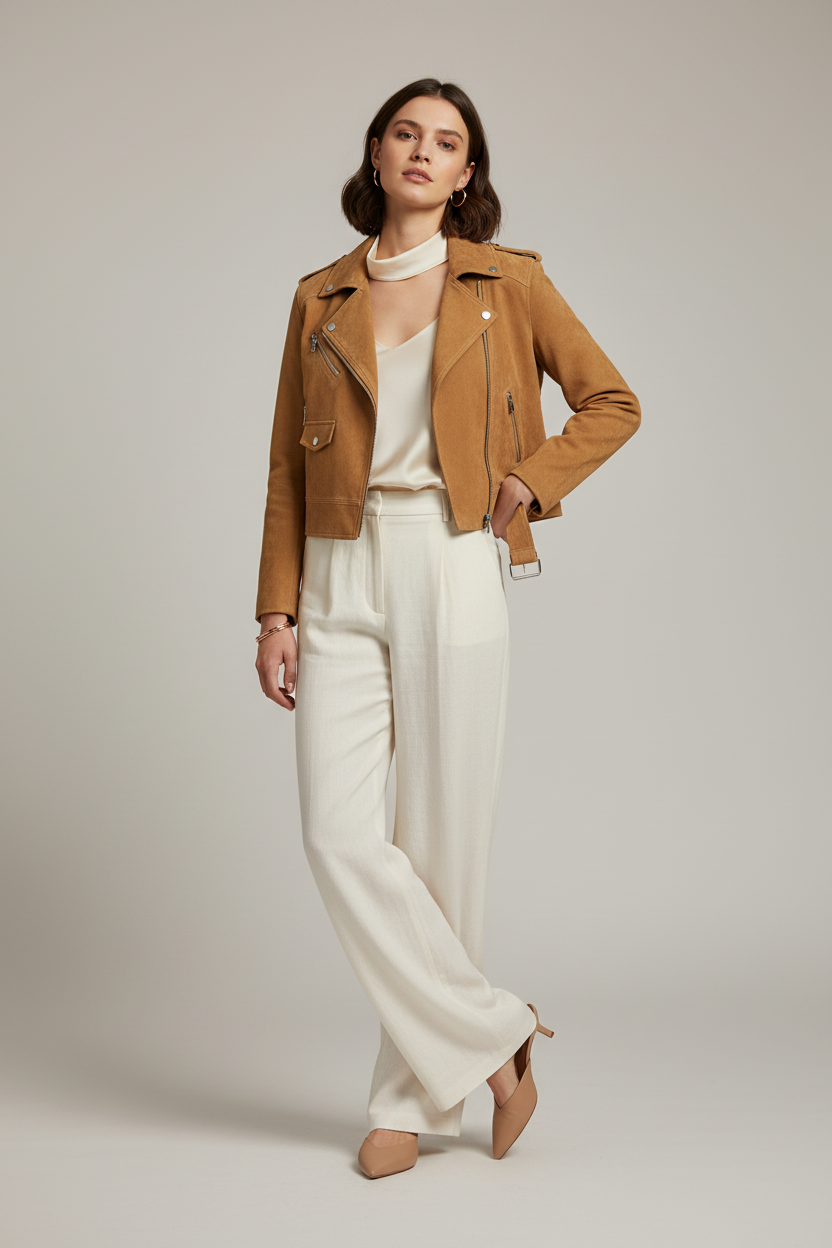 CAMERONE - Suede Leather - Tan suede, cropped moto, silver hardware, belted front view