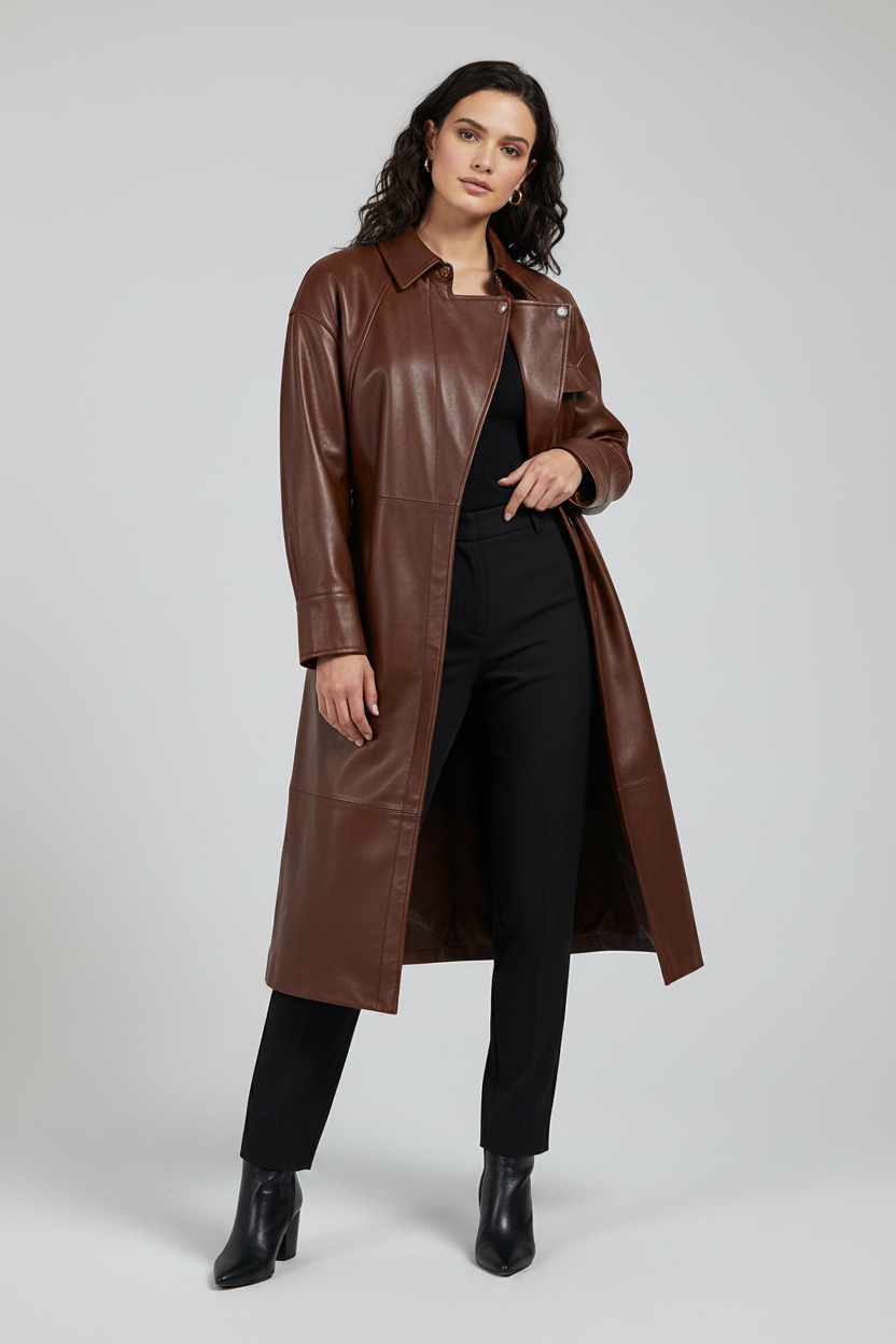 CARSON - Belted Sheepskin - brown belted trench, faux leather midi, quiet luxury style