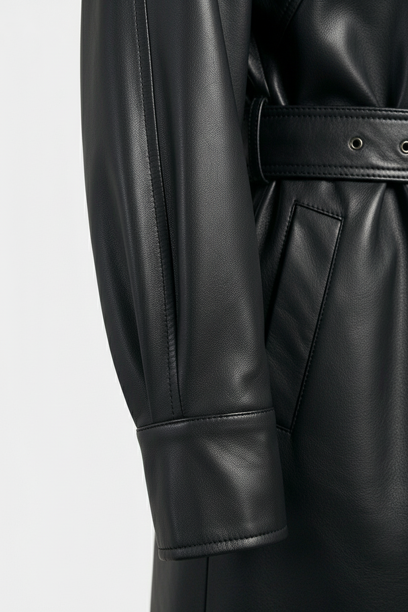 CARSON - Belted Sheepskin - sleeve detail, sheepskin texture, cuff stitching, luxury finish