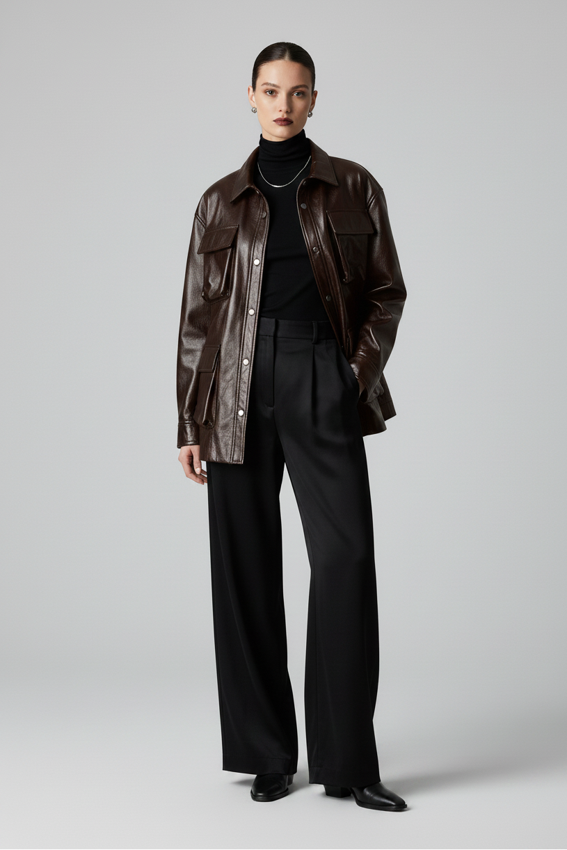 CECILE - Oversized Wax Cowhide - dark brown oversized wax coat, full body shot