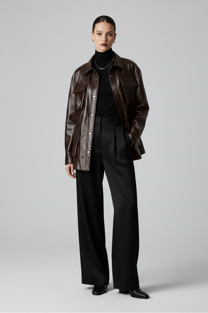 CECILE - Oversized Wax Cowhide - dark brown oversized wax coat, full body shot
