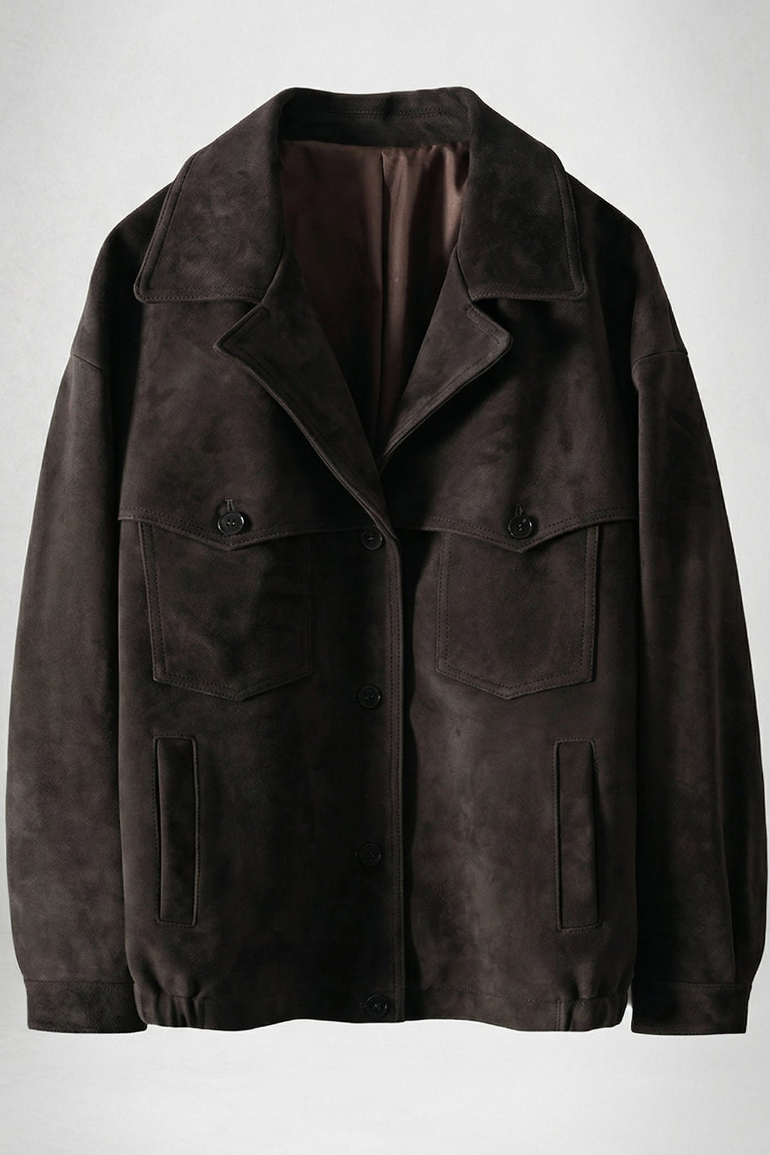 PALMER - Elastic Hem Suede Jacket, Dark Brown, Buttoned Front