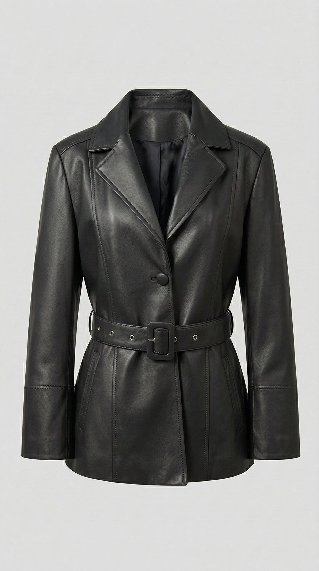 COLLINS - Black belted leather jacket, front view, Rule Strict: Generete in english