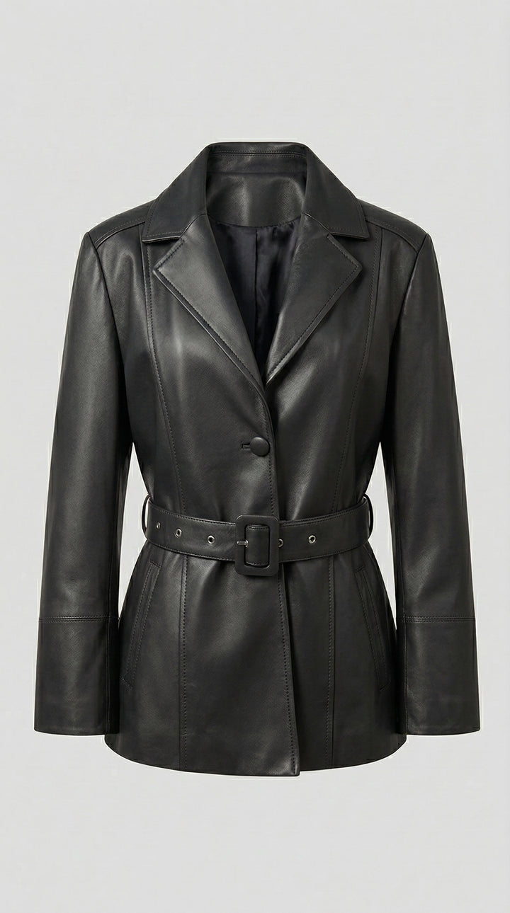 COLLINS - Black belted leather jacket, front view, Rule Strict: Generete in english
