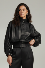 CHANTAL - Pleated Sleeve Slim-Waist Sheepskin Jacket