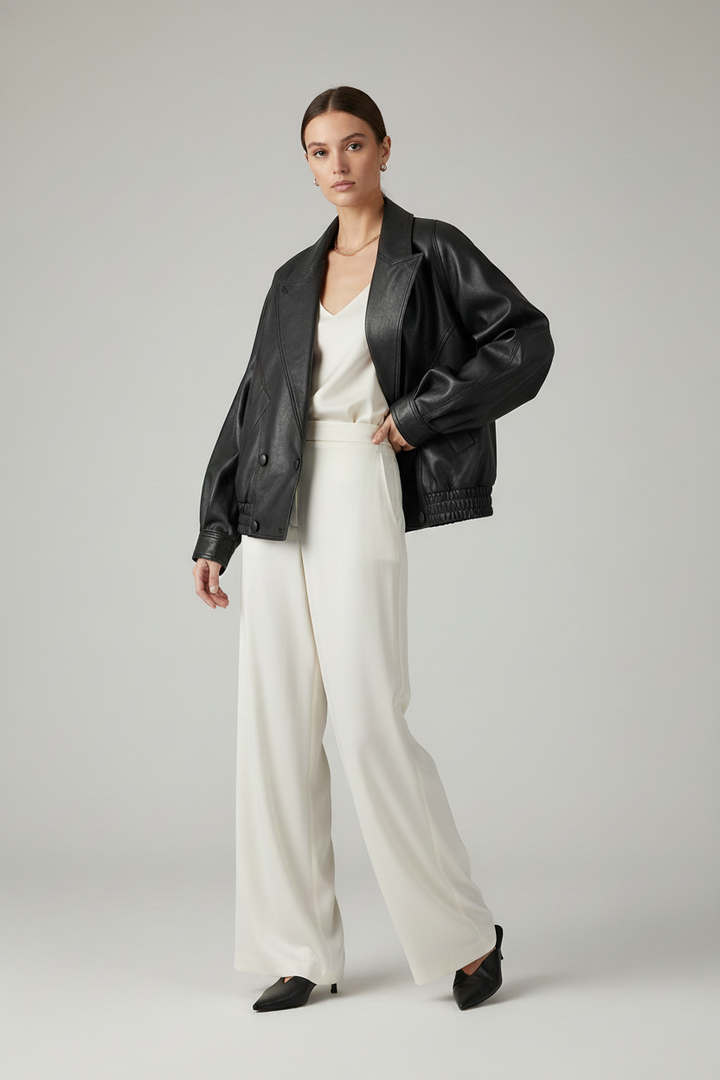 CLAIRE - Vintage Suit Collar Slim - black leather bomber, cream silk trousers