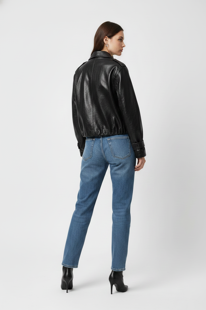 CLAUDINE - Sheepskin Moto Jacket on Model-  blue jeans outfit, rear view